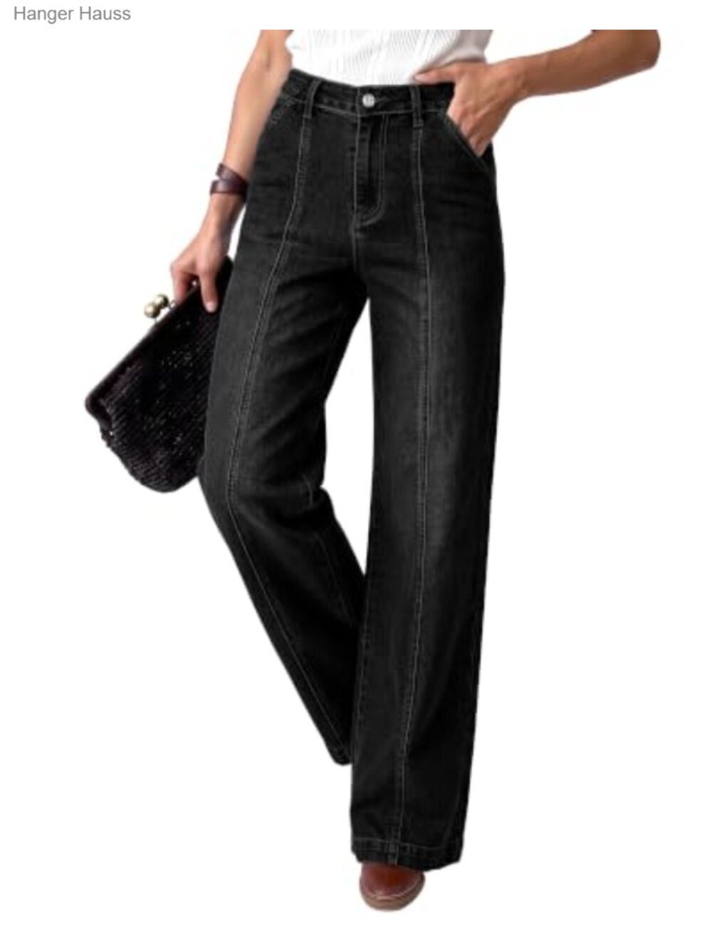 High Waist Wide Leg Jeans Front Seam Stretchy Denim Pants